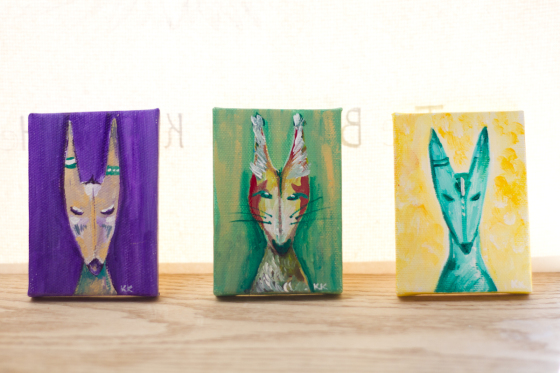 Mini Canvas Creature Paintings, Green, Gold, Purple, Woodland, Grassland, Fox