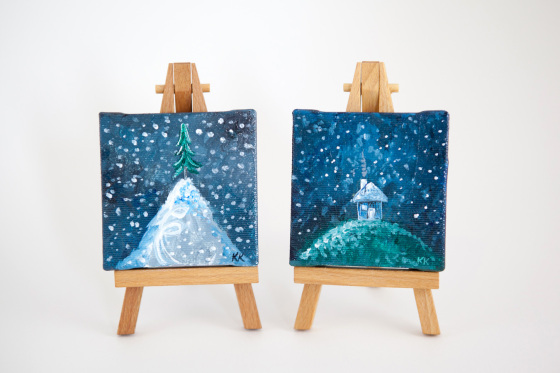 Miniature Canvas Paintings Winter Snow Wonderland Scenes Cottage House Pine Tree Blue White Green Night Sky Bisbee Arizona Illustrator Artist Kimberly Kling