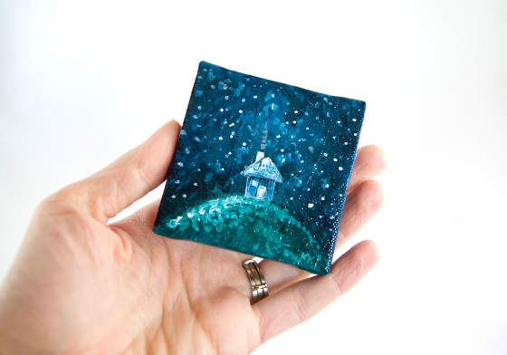 Miniature Canvas Paintings Winter Snow Wonderland Scenes Cottage House Pine Tree Blue White Green Night Sky Bisbee Arizona Illustrator Artist Kimberly Kling