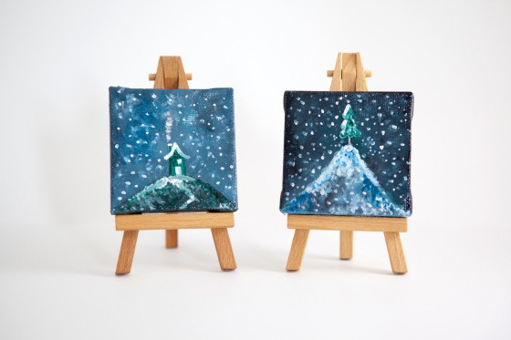 Miniature Canvas Paintings Winter Snow Wonderland Scenes Cottage House Pine Tree Blue White Green Night Sky Bisbee Arizona Illustrator Artist Kimberly Kling