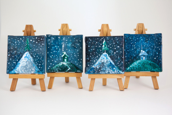 Miniature Canvas Paintings Winter Snow Wonderland Scenes Cottage House Pine Tree Blue White Green Night Sky Bisbee Arizona Illustrator Artist Kimberly Kling