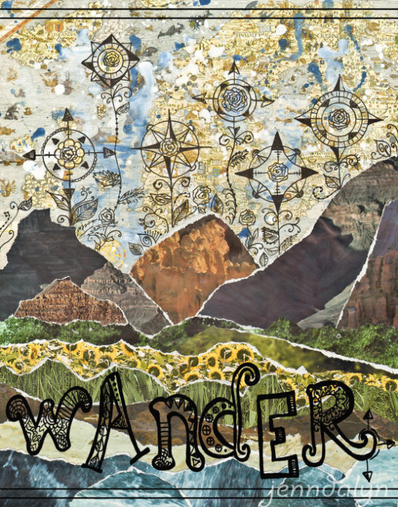 Wanderlust art compass rose - 8 x 10 PRINT travel art mountains poster earthy green blue