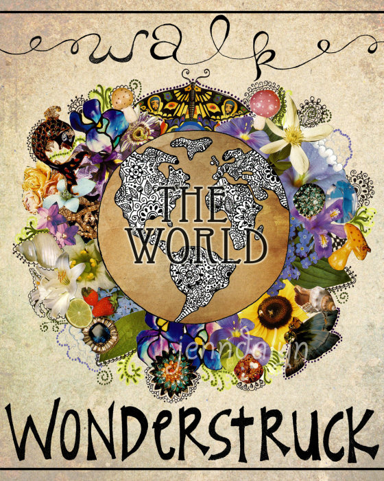 earth poster wanderlust art travel print earth globe world Wonderstruck 11 x 14 PRINT mixed media art collage rainbow bright colorful