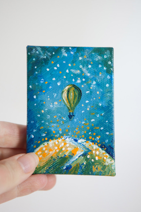 Hot Air Balloon Grass Hill Summer Green Teal Blue Joyful Miniature Painting Mini Canvas - Original Painting by Kimberly Kling