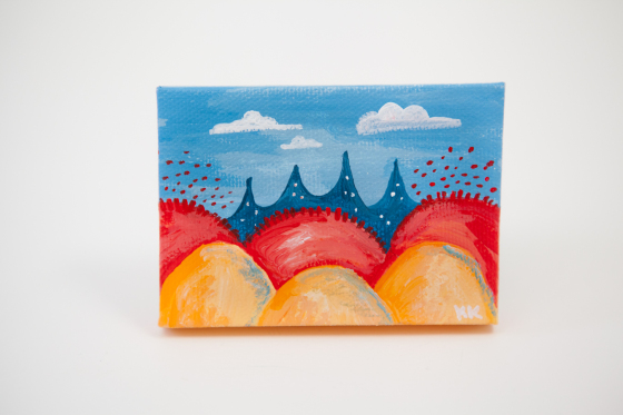 Colorful Fantasy Land Red Orange Yellow Coral Bright Blue Joyful Miniature Painting Mini Canvas - Original Painting by Kimberly Kling