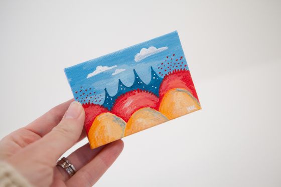 Colorful Fantasy Land Red Orange Yellow Coral Bright Blue Joyful Miniature Painting Mini Canvas - Original Painting by Kimberly Kling
