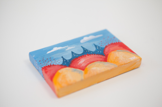 Colorful Fantasy Land Red Orange Yellow Coral Bright Blue Joyful Miniature Painting Mini Canvas - Original Painting by Kimberly Kling