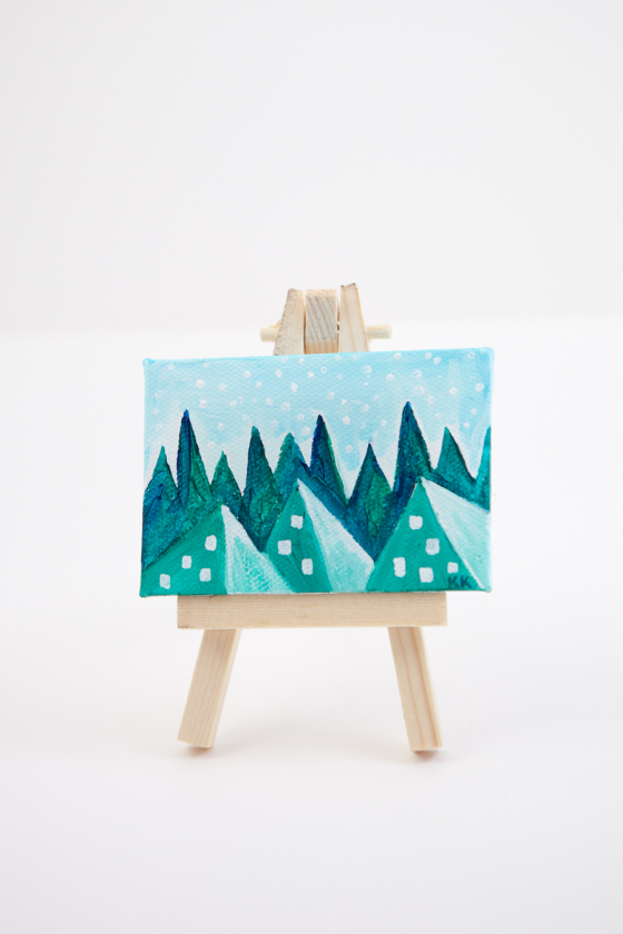 Winter Woodland Pyramid Fantasy Land Green Teal Blue Joyful Miniature Painting Mini Canvas - Original Painting by Kimberly Kling