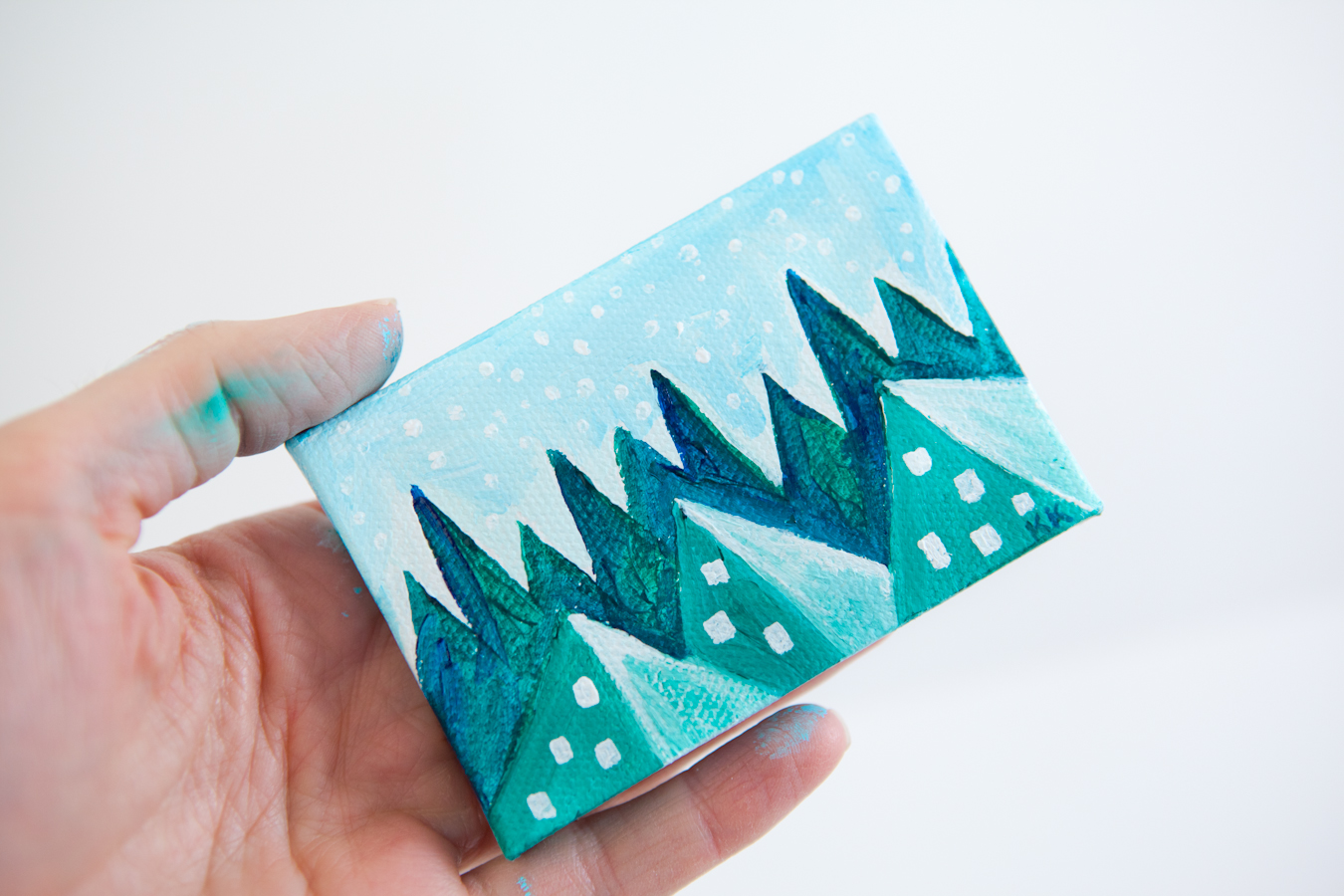 Winter Woodland Pyramid Fantasy Land Green Teal Blue Joyful Miniature Painting Mini Canvas - Original Painting by Kimberly Kling