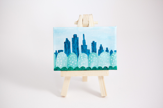 Fantasy City Tiny Small Land Trees Green Teal Blue Joyful Miniature Painting Mini Canvas - Original Painting by Kimberly Kling