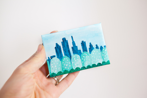 Fantasy City Tiny Small Land Trees Green Teal Blue Joyful Miniature Painting Mini Canvas - Original Painting by Kimberly Kling