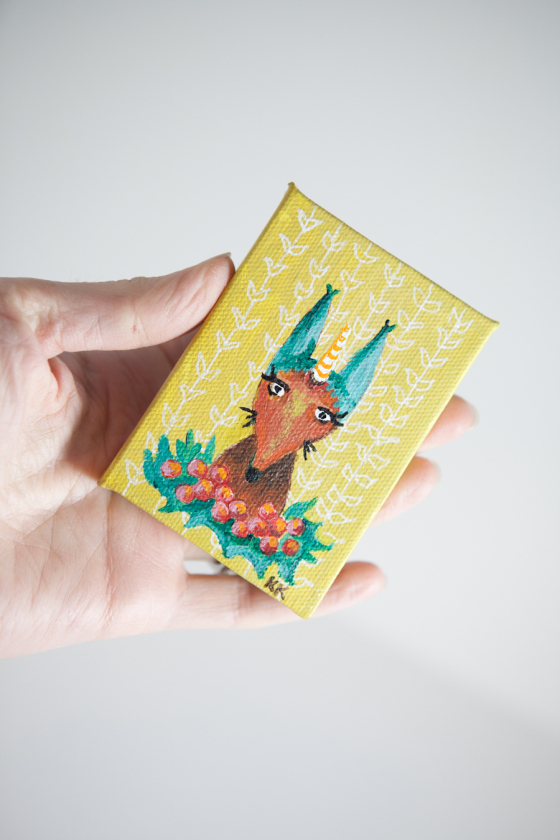 Mini Canvas, Fox, Woodland Creature, Mustard Green Red, Animal Fairytale Painting - Original Mini Painting by Kimberly Kling