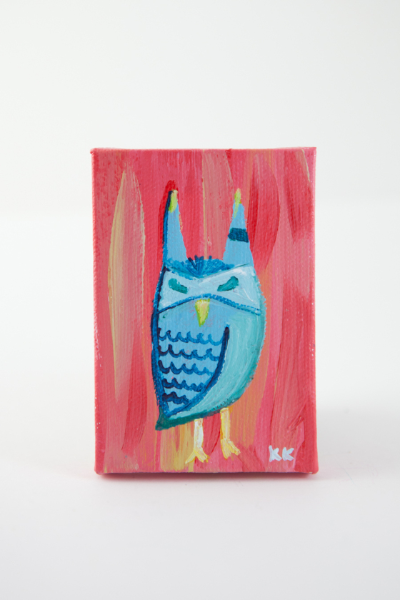 Mini Canvas, Owl Totem, Woodland Creature, Turquoise Coral Blue, Animal Illustration Painting - Original Mini Painting by Kimberly Kling