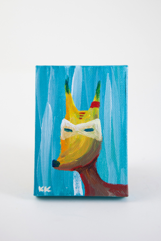 Mini Canvas, Coyote Totem, Woodland Creature, Turquoise Coral Blue, Animal Illustration Painting - Original Mini Painting by Kimberly Kling