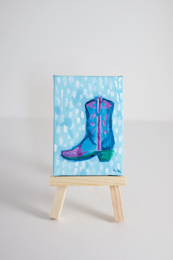 Miniature Canvas, Cowboy Boot, Cowgirl, Pink, Blue, Green, Whimsical, Hand-Painted - Original Mini Painting by Kimberly Kling