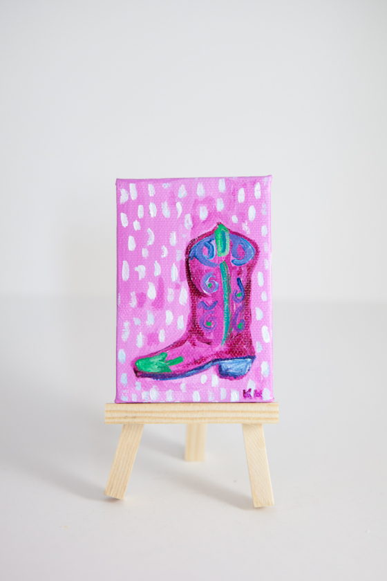 Miniature Canvas, Cowboy Boot, Cowgirl, Pink, Blue, Green, Whimsical, Hand-Painted - Original Mini Painting by Kimberly Kling