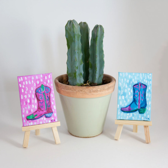 Miniature Canvas, Cowboy Boot, Cowgirl, Pink, Blue, Green, Whimsical, Hand-Painted - Original Mini Painting by Kimberly Kling