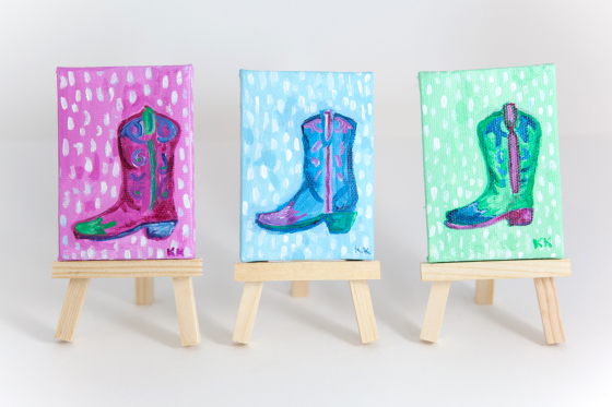 Miniature Canvas, Cowboy Boot, Cowgirl, Pink, Blue, Green, Whimsical, Hand-Painted - Original Mini Painting by Kimberly Kling