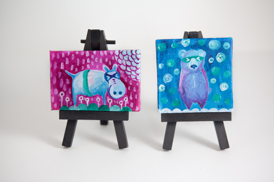 Colorful Bear Totem, Miniature Painting, Whimsical Small Art, Children's Animal Character, Blue - Original Mini Painting by Kimberly Kling