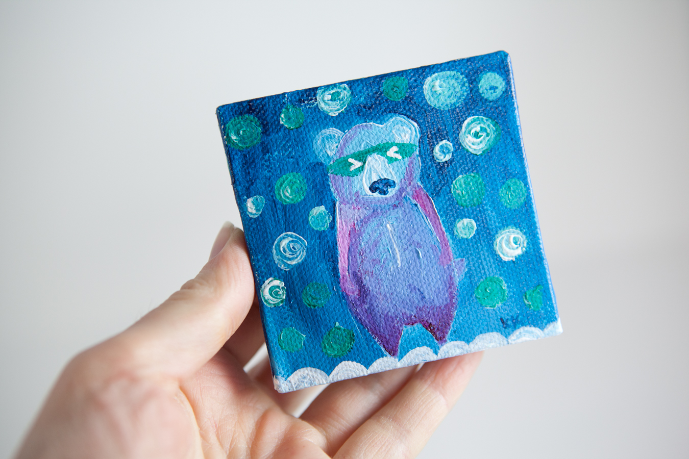 Colorful Bear Totem, Miniature Painting, Whimsical Small Art, Children's Animal Character, Blue - Original Mini Painting by Kimberly Kling