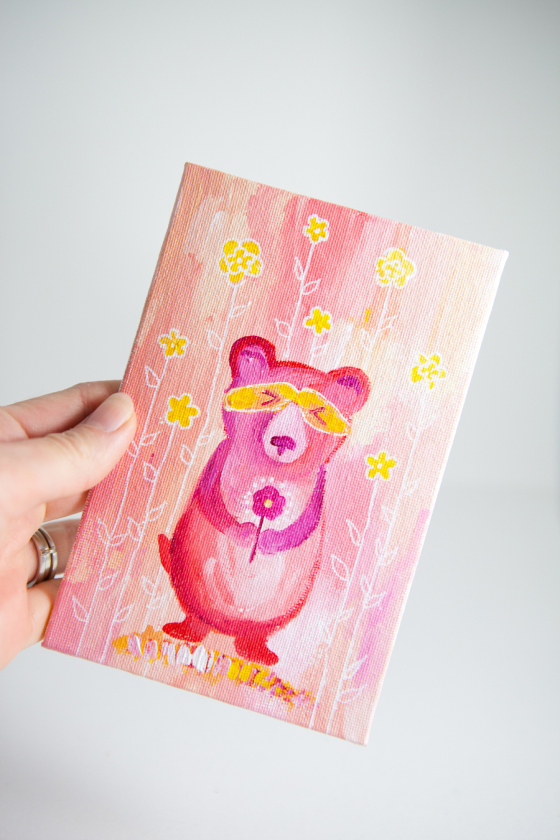 Pink Bear Totem, Miniature Painting, Whimsical Small Art, Children's Animal Character, Girl - Original Mini Painting by Kimberly Kling