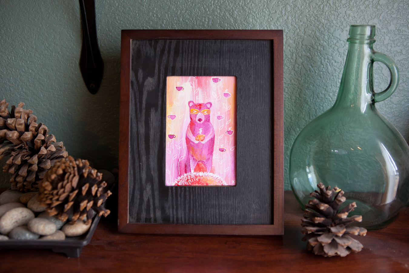 Pink Bear Totem With Coffee Mugs, Miniature Painting, Whimsical Art, Children's Animal, Girl - Original Mini Painting by Kimberly Kling