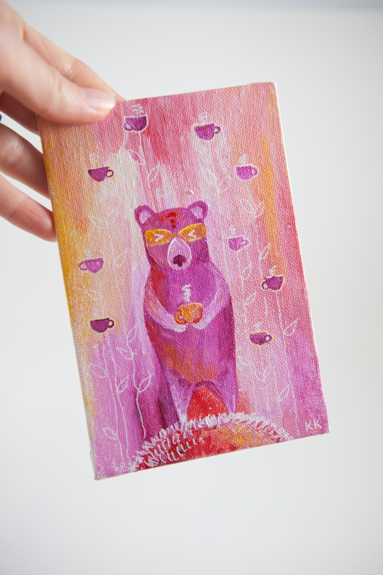 Pink Bear Totem With Coffee Mugs, Miniature Painting, Whimsical Art, Children's Animal, Girl - Original Mini Painting by Kimberly Kling