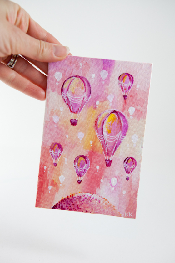 Pink Hot Air Balloons, Old Fashioned, Miniature Painting, Whimsical Art, Small, Tiny - Original Mini Painting by Kimberly Kling