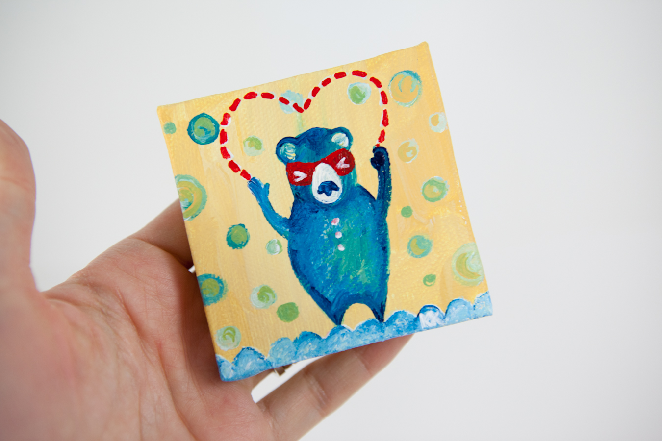 Bear Valentine Art, Miniature Painting, Whimsical Small Art, Red Heart, Yellow and Blue - Original Mini Painting by Kimberly Kling