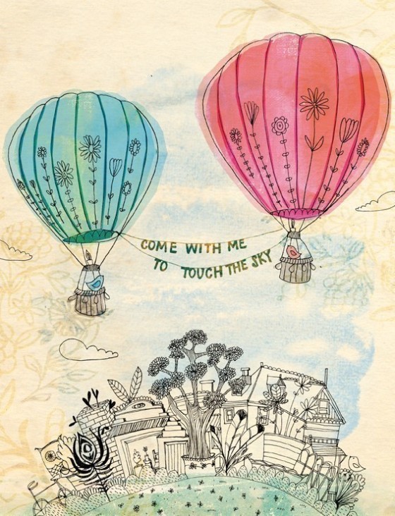 touch the sky art print - Sweet William illustration on archival paper hot air balloons